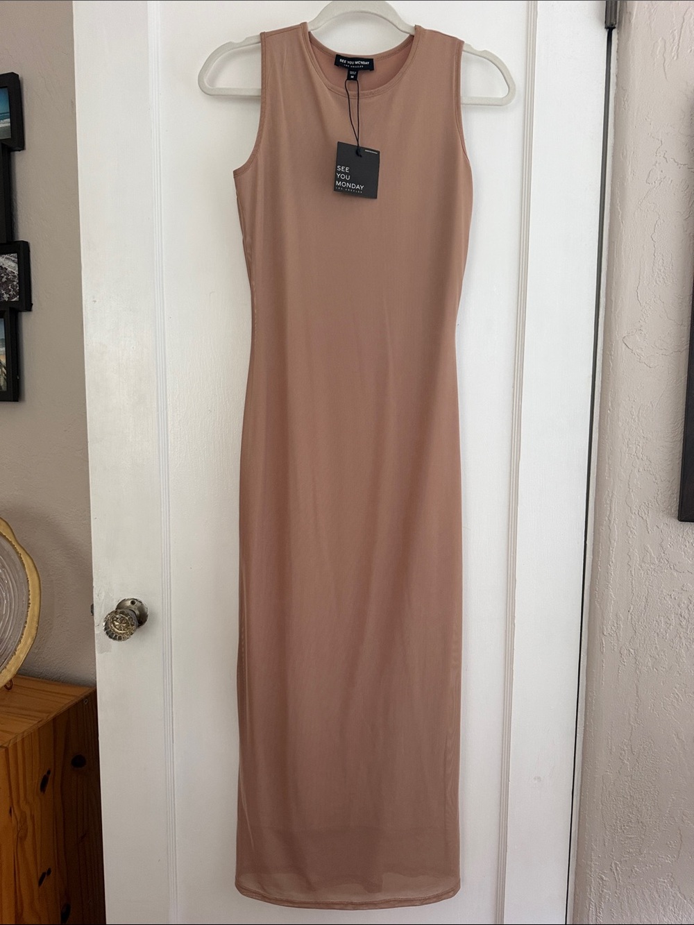 NWT See You Monday Sleeveless Mesh Overlay Maxi Dress in Blush Nude Size Medium